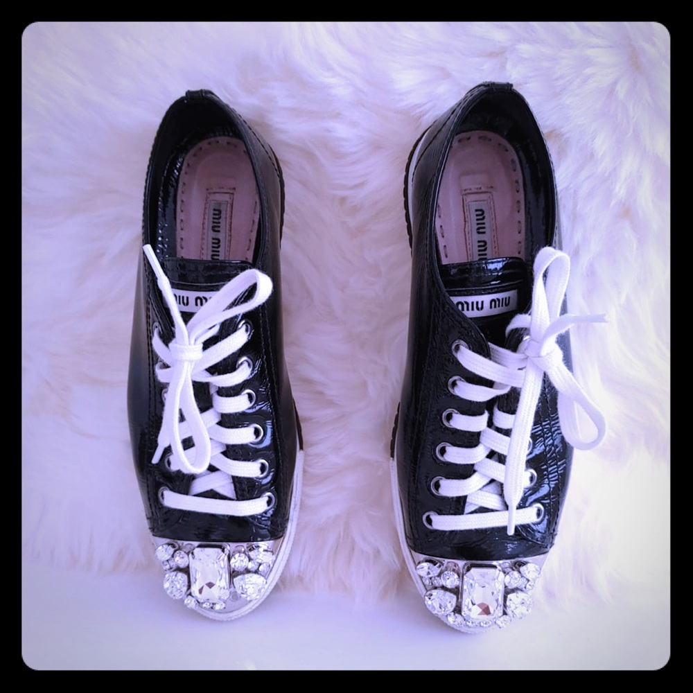 Miu Miu Swarovski CrystalToe Black Patent Sneaker